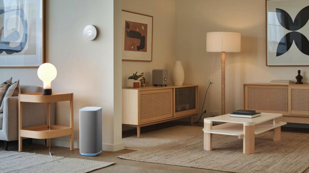 Una sala de estar con una pared blanca y una lámpara en una mesa