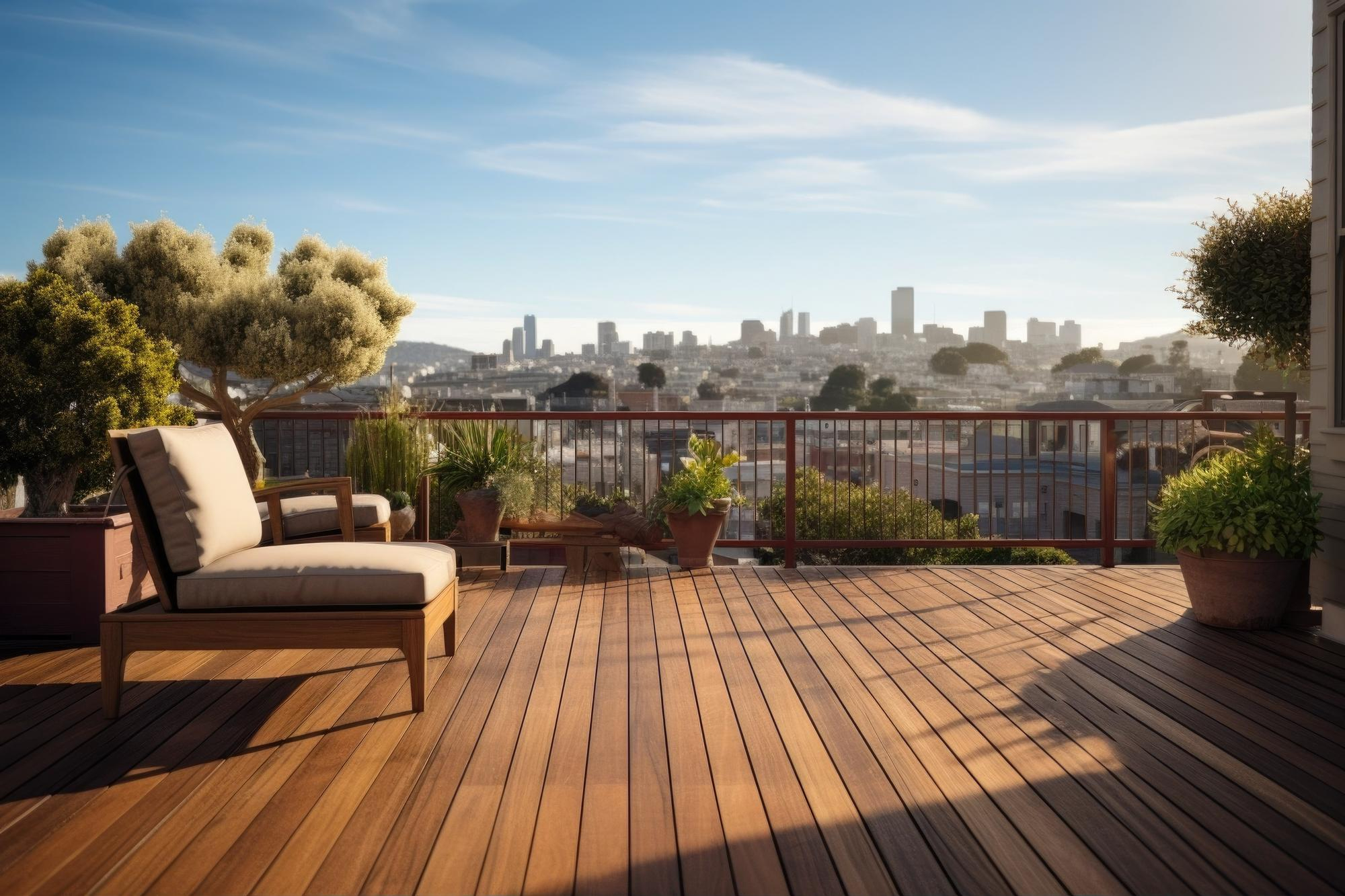 Sala de estar al aire libre con terraza de madera